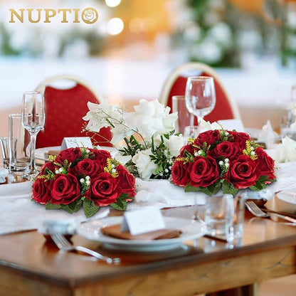 NUPTIO Flower Wedding Centrepieces for Tables - 6 Pcs 9.5in Diameter Crimson Artificial Flowers Rose Ball for Centerpieces Table - Fake Rose Arrangements for Weddings Birthday Party Decor