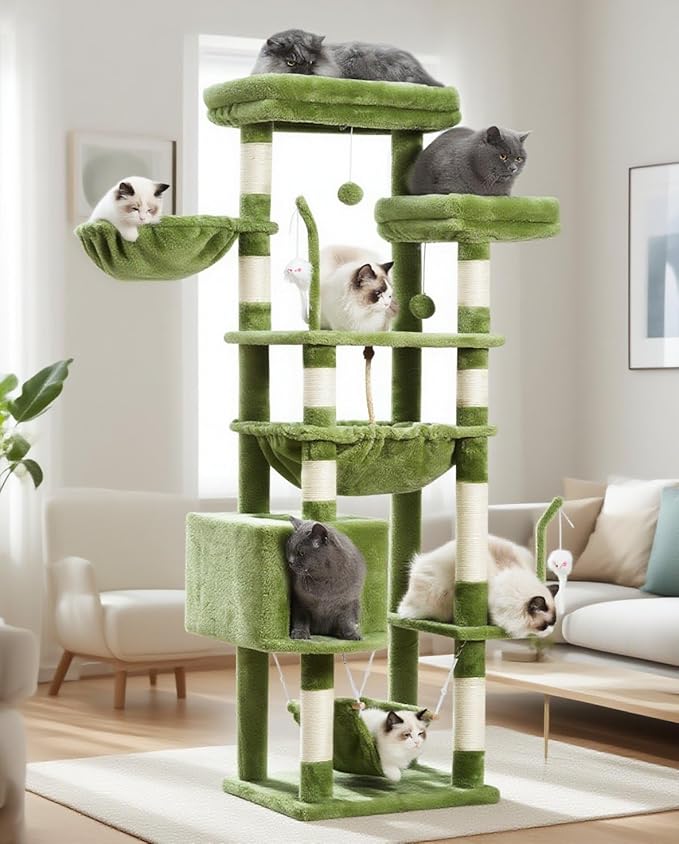 Cat Tree, Cat Tower for Large Cats with 2 Big Platforms, 2 Baskets, condo and Toys, 63" Cat Scratching Posts for Indoor Cats, Green GCT020GR-Mewly Pet