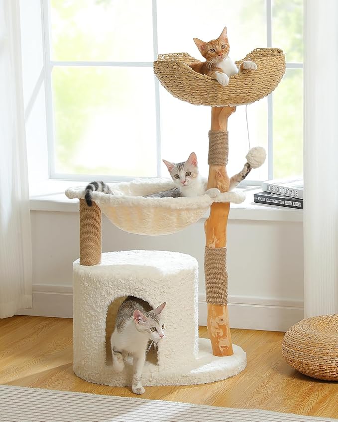 Modern Cat Tree for Large Cats, Wood Cat Tower for Indoor Cats, Real Branch Luxury Cat Furniture with Super Large Cozy Condo and Hammock & Scratching Post, Top Basket, White-Mewly Pet