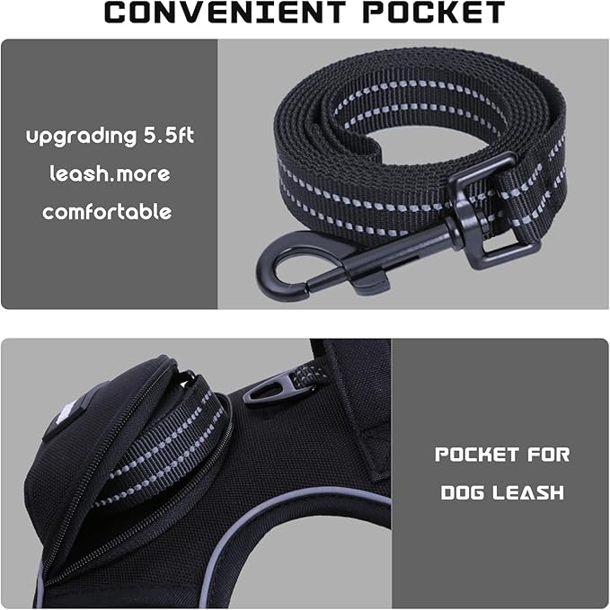No Pull Dog Harness for Medium Dogs, Adjustable No Choke Pet Vest with Dog Leash Fit Smart Reflective Pet Walking Harness for Training Easy Control Soft Handle Black S-Mewly Pet