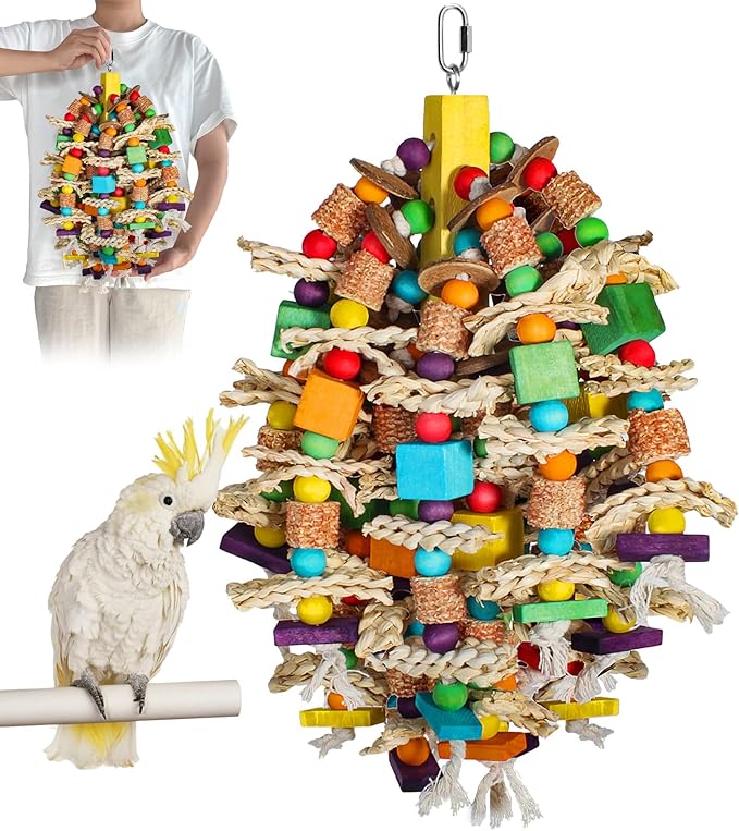 Medium Large Parrot Toys 20in Chewable Bird Toy with Coconut Shell, Poplar Wood, Corn Cob, 112 Schima Wood Beads Bird Shredding Toys Parakeet Macaw Cockatiel Conure African Grey Parrot Gifts-Mewly Pet