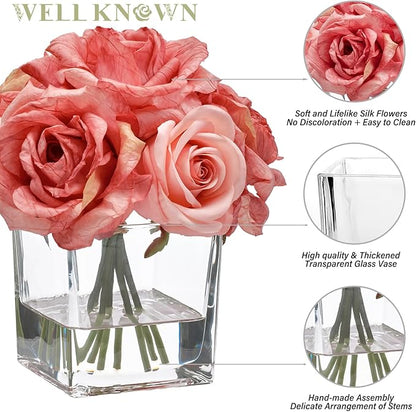 WELL KNOWN Rose Artificial Flowers in Vase with Faux Water, Silk Rose Table Centerpieces for Home Coffee Table Decor, Bean Pasty Pink Fake Roses Flower Arrangements for Office Hotel Lavatory Wedding