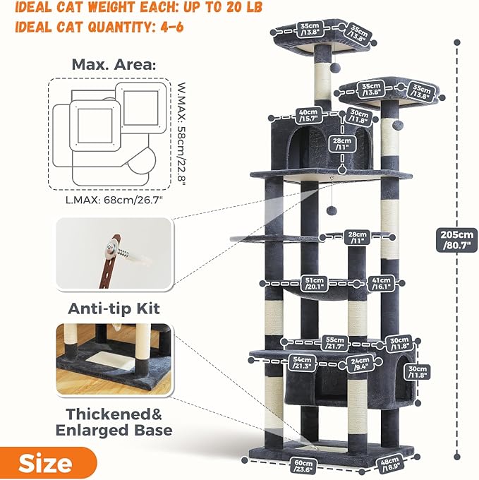 PAWZ Road Heavy Duty Cat Tree for Large Cats, 81 Inches Tall Cat Tower with 2 Perches, 2 Condos and Spacious Hammock, XL Extra Large Condo with 7 Scratching Posts for 20lb+ Adult Cats, Dark Gray-Mewly Pet