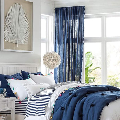Treatmentex Sheer Blue Curtains for Bedroom Window 95 inches Long Linen Textured Pom-Pom Voile Drapers for Kids Bed Canopy Navy Rod Pocket 2Pack
