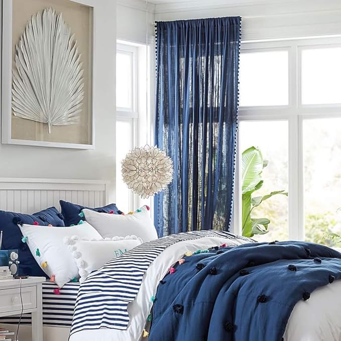 Treatmentex Pom-Pom Navy-Blue Sheer Curtains for Bedroom Windows 84inches Long Linen Textured Look Sheer Drapes for Living Room 52" w x 2Pack