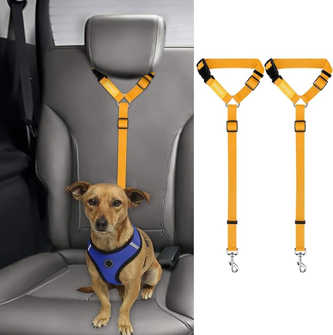 BWOGUE 2 Packs Dog Cat Safety Seat Belt Strap Car Headrest Restraint Adjustable Nylon Fabric Dog Restraints Vehicle Seatbelts Harness Yellow-Mewly Pet