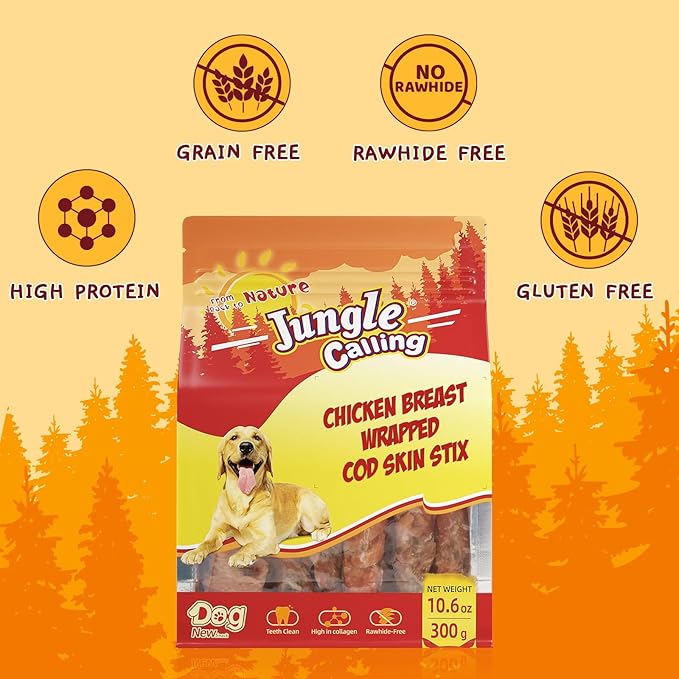 Jungle Calling Dog Treats, High Protein Dog Chewy Treats Health Teeth and Coat, Chicken Wrapped Cod Skin Sticks, Rawhide-Free Cod Fish Skin Treats for Dogs, 10.6 oz-Mewly Pet