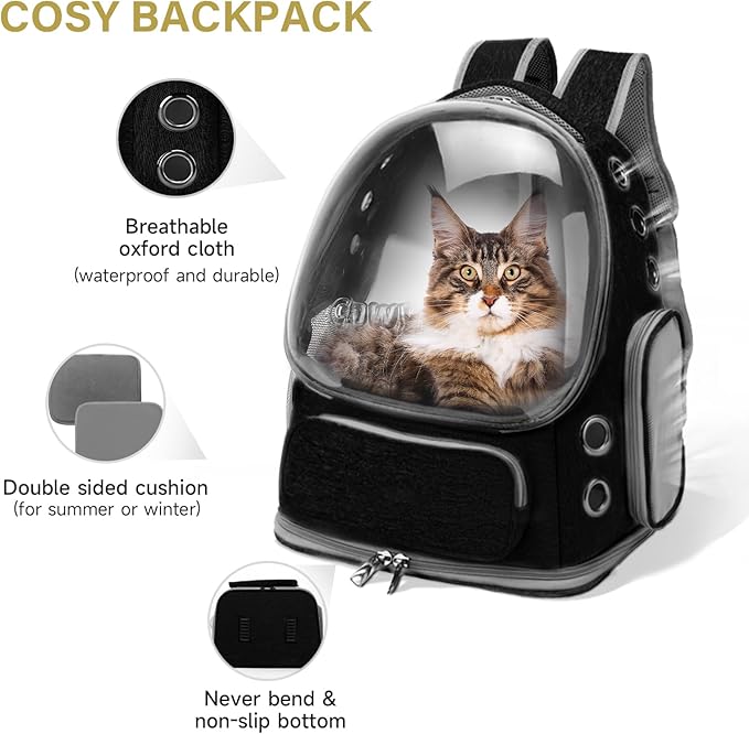 Cat Backpack Carrier, Breathable Cat Carrier Large Space Bubble Pet Backpack for Kitty Small Dog up to 12lbs, Transparent & Foldable Pet Carrier for Travel Hiking (Black-Mewly Pet