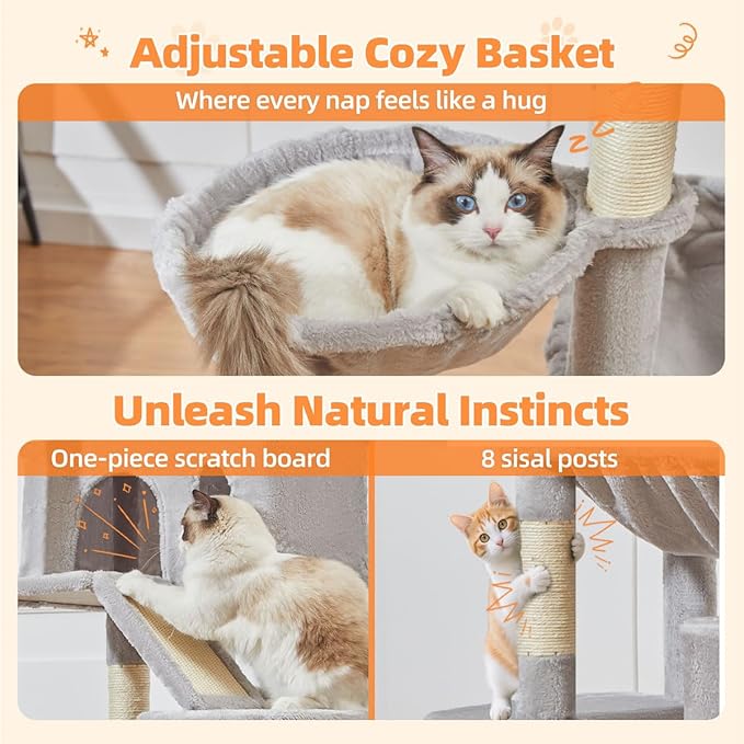 Taoqimiao Cat Tree 71-Inch, Cat Tower for Indoor Cats Large Adult, Multi-Level Large Cat Condo, 8 Sisal Scratching Posts, Metal Frame Cozy Hammock, Scratch Board, 2 Top Perches, Light Gray MS026LW-Mewly Pet