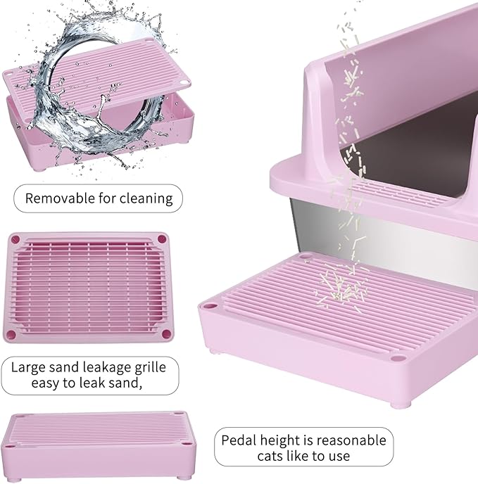 RIZZARI Large Stainless Steel Cat Litter Box: Open Top Leak-Proof Large Cat Pan - Odor Control for Indoor Multi-Cat Homes (Light Pink, 23.8" L*16" W*12" H)-Mewly Pet