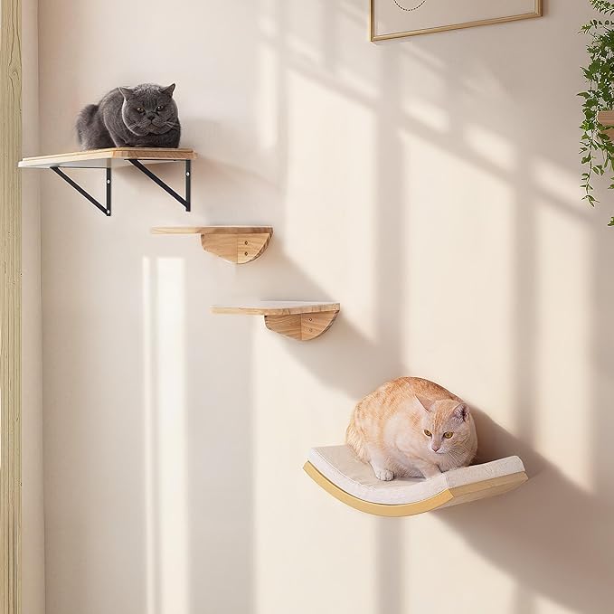 Wall Mounted Cat Steps 2 Pack – Square Wood Cats Shelves with Felt Cushions for Climbing, Jumping & Resting-Mewly Pet