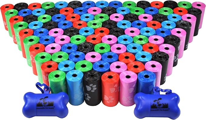 Downtown Pet Supply Rainbow Paw Print Poop Bags (2200 CT & 2 Dispensers) - Leak-Proof, Unscented, Clips to Leashes & Harnesses-Mewly Pet