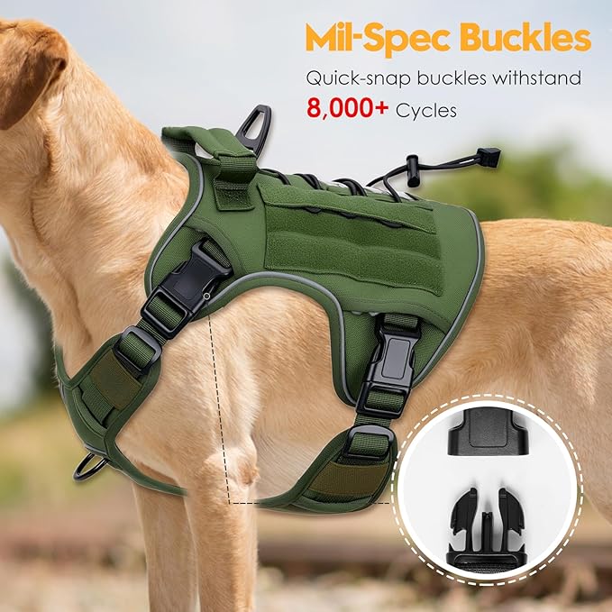 Heavy-Duty Tactical Dog Harness for Large Dogs, No Pull Adjustable Reflective Pet Vest with Molle System, K9 Military-Grade Control for Service Training, Outdoor & 10+ Breeds, Green, XX-Large-Mewly Pet