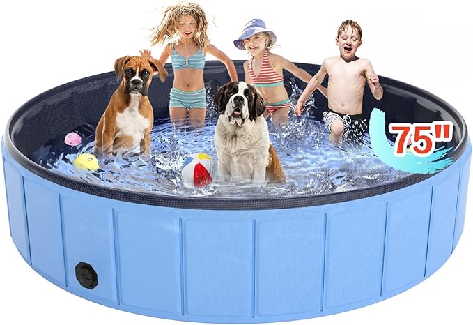 Oversize Dog Pool 75"x 16", Hyperzoo Foldable Dog Swimming Pool, Hard Plastic PVC Leakproof Doggie Wading Collapsible Pet Bathing Tub for Puppy Small Medium Large Dogs and Kids, Blue-Mewly Pet