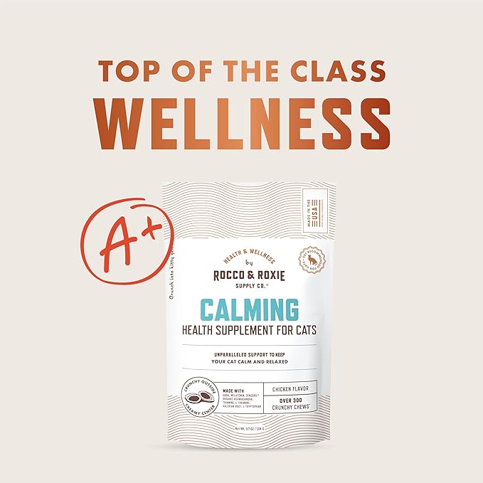 Rocco & Roxie Cat Calming Treats with Melatonin for Cats, Stress and Anxiety Relief, Keep Calm for Grooming, Travel, or Vet Visits, Aid Sleep with Organic Ashwagandha and GABA, Chicken Flavored Chews-Mewly Pet