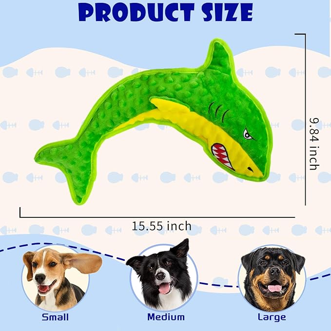 Squeaky Dog Toy No Stuffed Dog Toys,Green Shark Puppy Toys for Small Medium Large Breed pups Teething Interactive Toy to Keep Them Busy, Best Christmas Birthday Gift-Mewly Pet