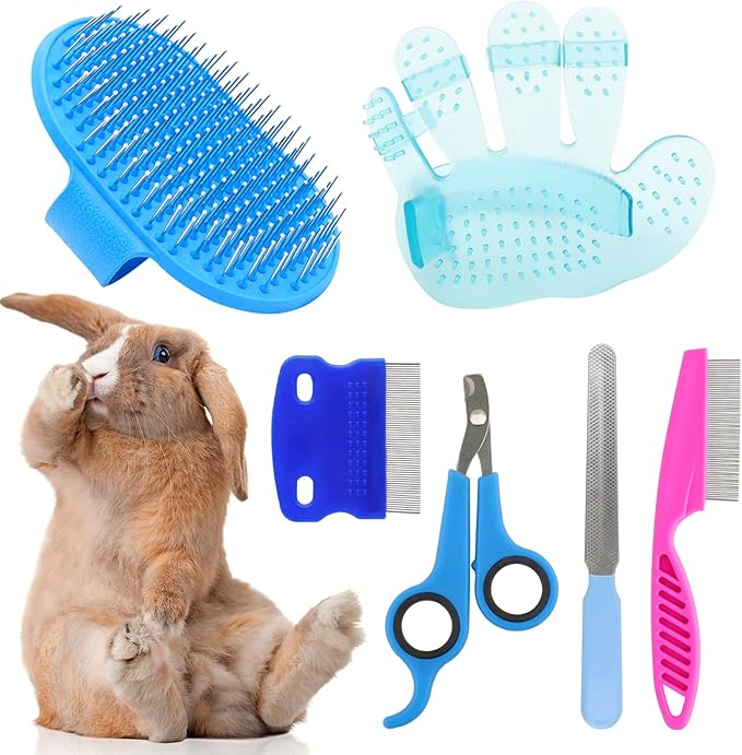 Rabbit Grooming Kit, Rabbit Brush for Shedding with Bunny Nail Clipper, Rabbit Nail Trimmers with Pet Combs for Hamster Guinea Pig Ferret by KALAMANDA(6 Pack)-Mewly Pet