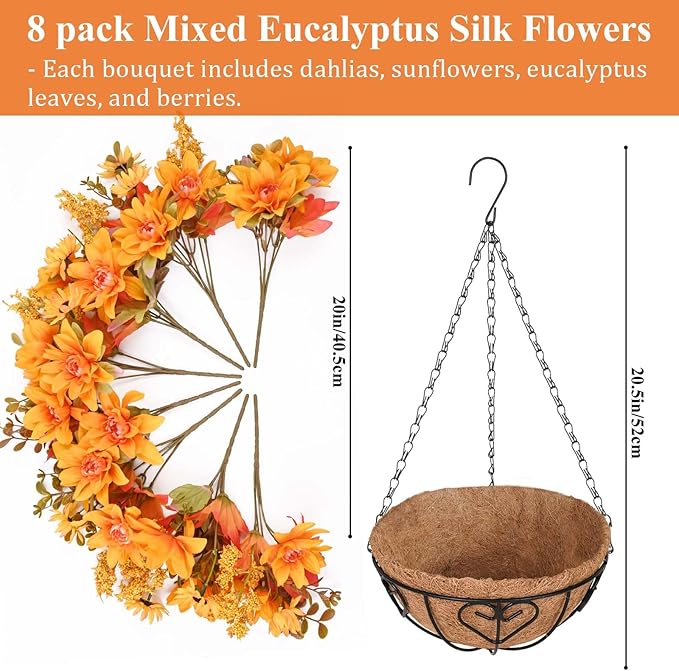 Waipfaru Artificial Fake Fall Hanging Mums Plants Flowers Basket for Outdoor, Faux Mums Floral Hanging Plant in Hang Planter Look Real UV Resistant for Porch Patio Balcony Yard Outdoor Decor (2Pcs)
