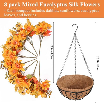 Waipfaru Artificial Fake Fall Hanging Mums Plants Flowers Basket for Outdoor, Faux Mums Floral Hanging Plant in Hang Planter Look Real UV Resistant for Porch Patio Balcony Yard Outdoor Decor (2Pcs)