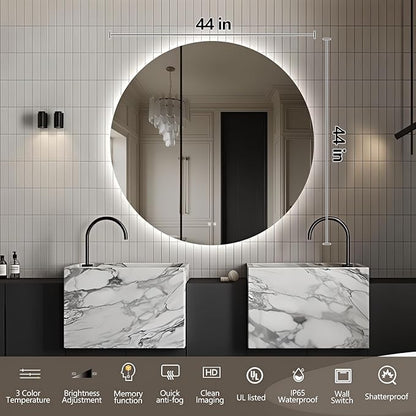Niccy Round Led Mirror for Bathroom, 44" Circle Frameless Backlit Mirror wiht Light, Anti-Fog, 3 Colors, Waterproof, Memory Function