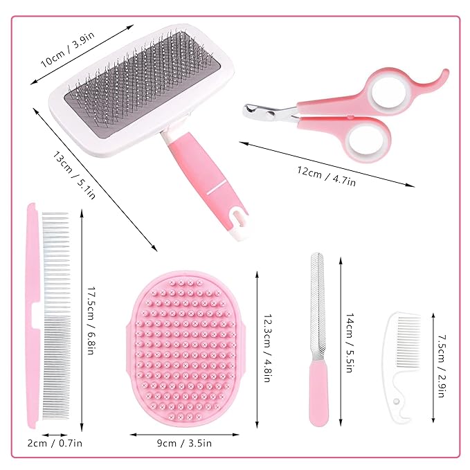 Small Animal Pet Grooming Kit with Pet Shedding Slicker Brush, Bath Massage Glove, Pet Grooming Comb, Nail Clipper Trimmer for Rabbit, Puppy, Kitten, Guinea Pig, Hamster, Ferret (Pink)-Mewly Pet
