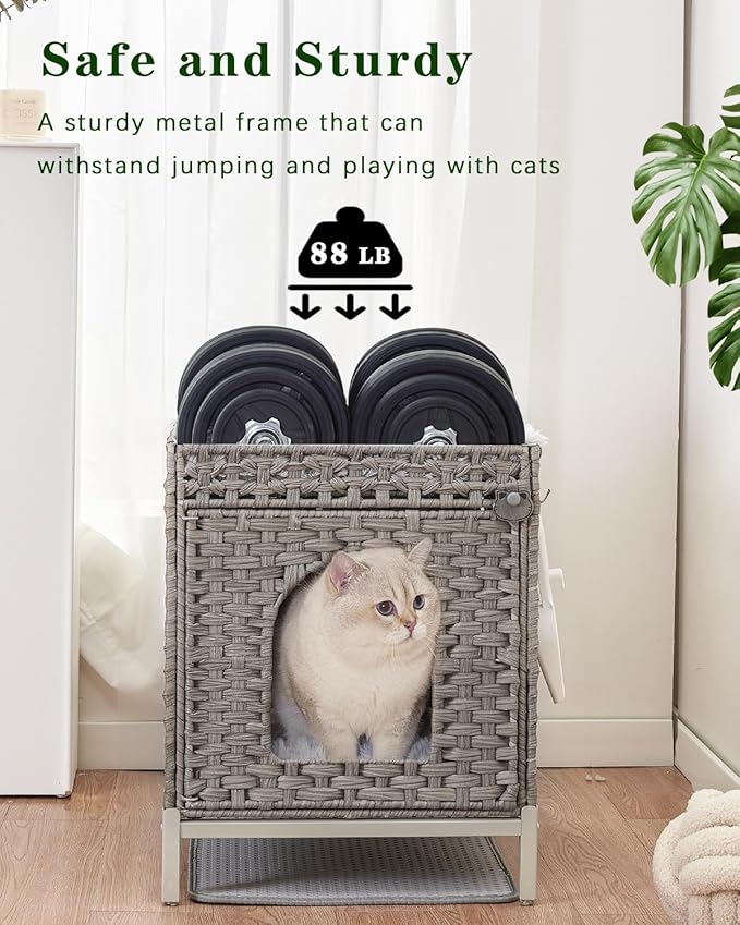 Cat Litter Box Enclosure Hidden Litter Box Furniture with Metal Heightened Feet, Rattan Handwoven Cat House with Litter Mat, Hidden Litter Box Furniture for Bedroom Living Room Gray-Mewly Pet