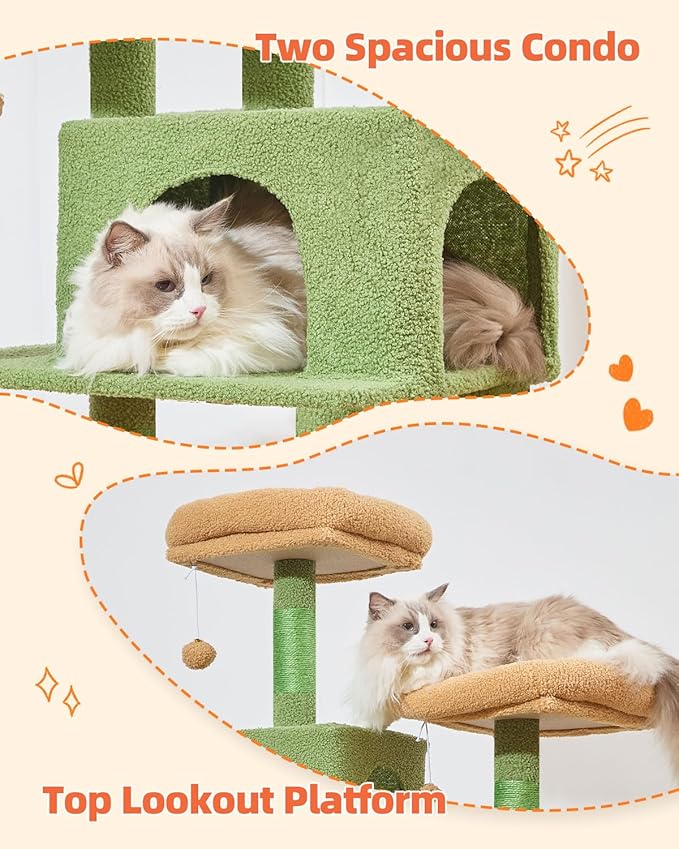 Taoqimiao Cat Tree, 66.2-Inch Cat Tower for Indoor Cats, Plush Multi-Level Cat Condo with 7 Scratching Posts, 2 Perches, 2 Caves, Hammock, 2 Pompoms, MS013T Cactus-Mewly Pet