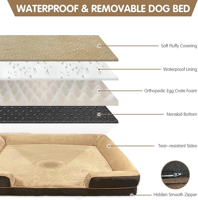 Dog Beds for Large Sized Dogs,Washable Orthopedic Memory Foam Dog Couch Sofa Bed with Bolster,Removable Cover,42x30Inch,Brown-Mewly Pet
