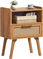 Lerliuo Rattan Nightstand, Side Table with Drawer Open Shelf, Cane Accent Bedside End Table with Solid Wood Legs, Mid Century Modern Night Stand for Bedroom, Dorm and Small Spaces (Tea Brown)