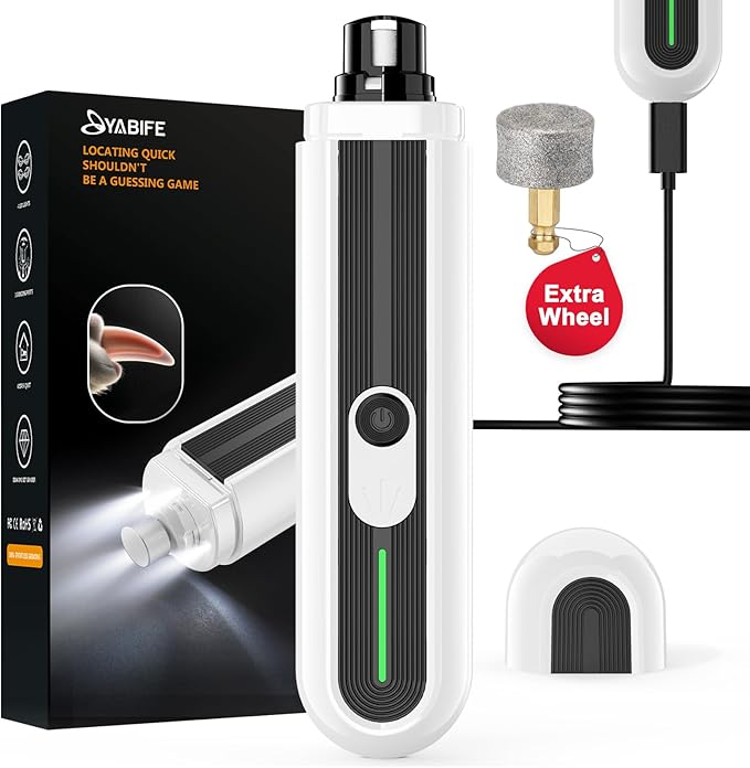 YABIFE 4-Lights Dog Nail Grinder, Easy Quick Locate Dog Nail Trimmers, for Puppy Paw Toenails or Pets from Small, Medium to Large, with Travel Lock, Whisper Quiet, Heavy Duty 3 Speeds-Mewly Pet