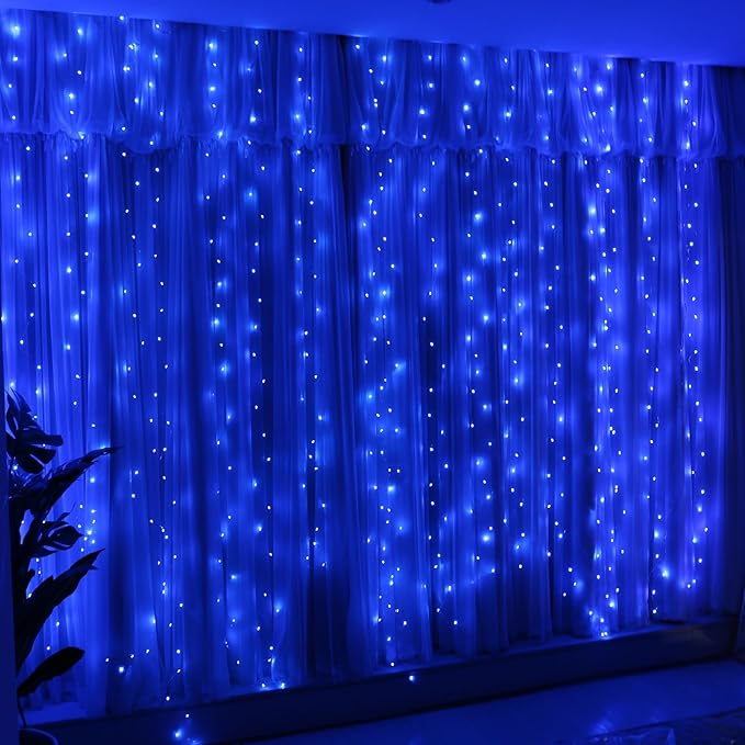 HXWEIYE 300LED Fairy Curtain Lights, 9.8x9.8Ft USB Plug-in 8 Modes Christmas String Hanging Lights with Remote for Bedroom Backdrop Wedding Party Indoor Wall Decor, Blue, Standard