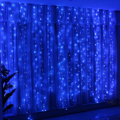 HXWEIYE 300LED Fairy Curtain Lights, 9.8x9.8Ft USB Plug-in 8 Modes Christmas String Hanging Lights with Remote for Bedroom Backdrop Wedding Party Indoor Wall Decor, Blue, Standard