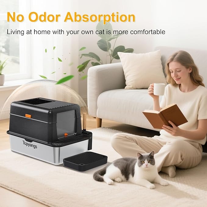 Enclosed Stainless Steel Litter Box with Lid, 20L Metal Enclosed Litter Box for Big Cat, Flip-Top Design with Anti-Leakage High Sides, Cat Lovers Gifts（Black）-Mewly Pet