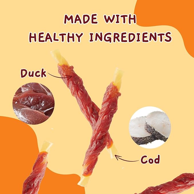 Jungle Calling Duck Wrapped Cod Sticks Dog Treats, Rawhide Free Training Rewards Snacks for Dogs, Natural Chewy Sticks Treats, 10.6oz-Mewly Pet