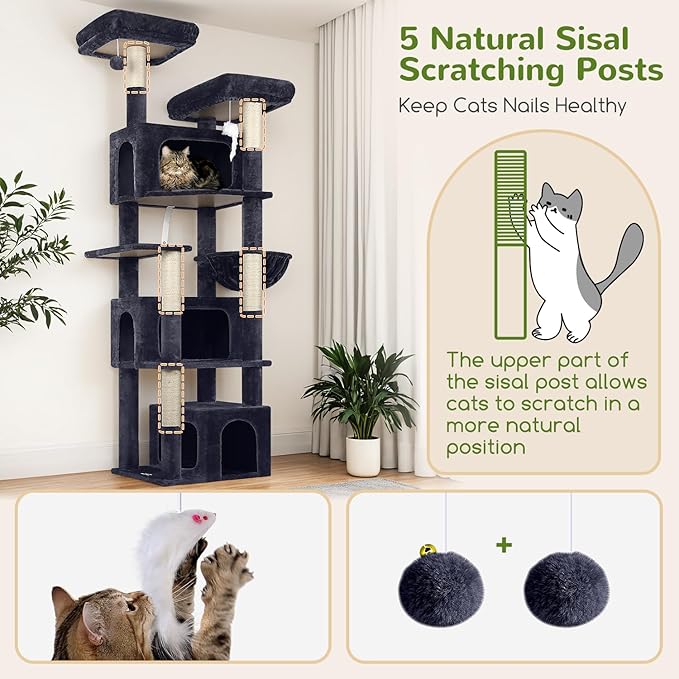 Globlazer Sturdy Cat Tree for Large Cats, 77 inch Large Cat Climbing Tower for Indoor Adult Cats, Cat Scratching Tower with 5 Scratching Posts, 3 Cat Condos, 2 Top Perches, S77, Dark Grey-Mewly Pet