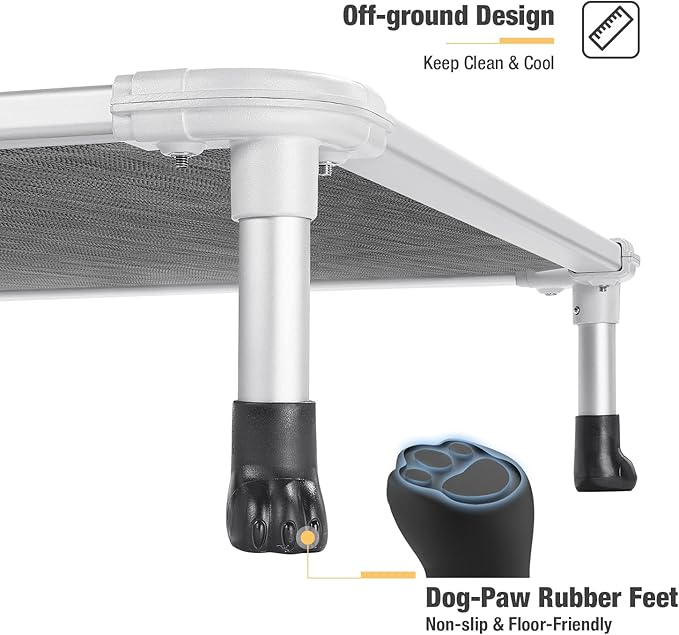 Veehoo Chew Proof Elevated Dog Bed - Cooling Raised Pet Cot - Silver Aluminum Frame and Durable Textilene Mesh Fabric, Unique Designed No-Slip Feet for Indoor or Outdoor Use, Black Silver, Large-Mewly Pet