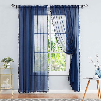 Treatmentex Pom-Pom Navy-Blue Sheer Curtains for Bedroom Windows 84inches Long Linen Textured Look Sheer Drapes for Living Room 52" w x 2Pack