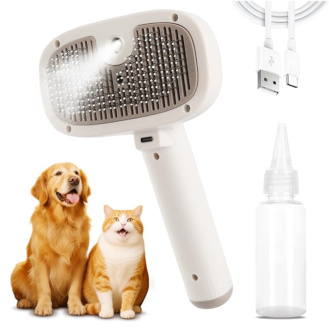 Cat Steam Brush for Indoor Cats, Dog Brush for Shedding, Spritz Defur Comb for Short & Long Hair, Pet Spray Hair Removal Comb, USB Rechargeable Grooming Supplies Steam Brush for All Pets (White)-Mewly Pet