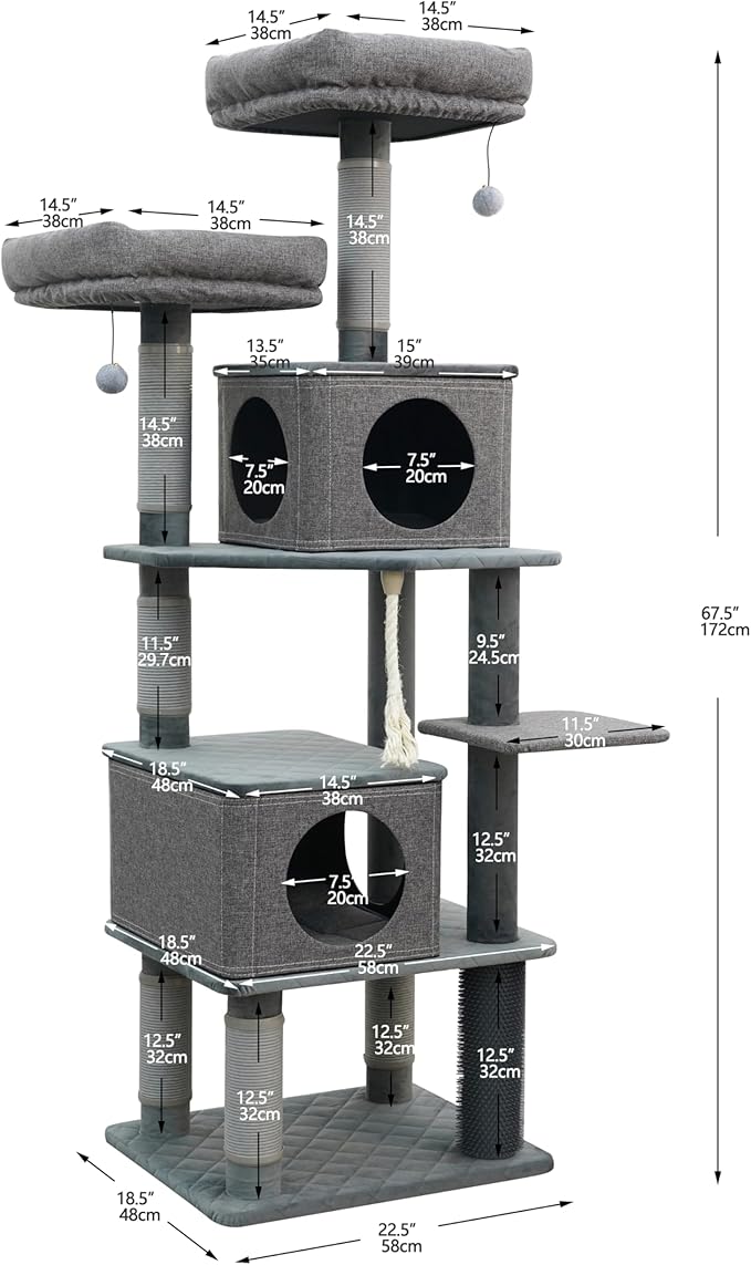 Catry® Stella 7-Level 67.5” Linen & Quilted Velvet Cat Tree with Recycled Paper Scratchers, Two Condos, Removable Beds, Toys, Easy to Clean, Ideal for Large Cats and Multi-Cat Homes (Zinc Gray)-Mewly Pet