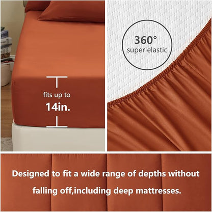 CozyLux Queen Comforter Set Terracotta, 7 Pieces Bed in a Bag, Burnt Orange Fall Comforter Queen Size, All Season Bedding Sets with Stitch Quilted Comforter, Flat Sheet, Fitted Sheet, Pillowcases