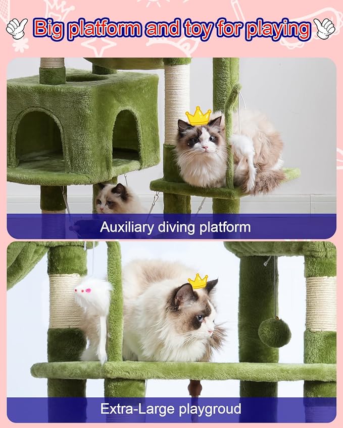 Cat Tree, Cat Tower for Large Cats with 2 Big Platforms, 2 Baskets, condo and Toys, 63" Cat Scratching Posts for Indoor Cats, Green GCT020GR-Mewly Pet