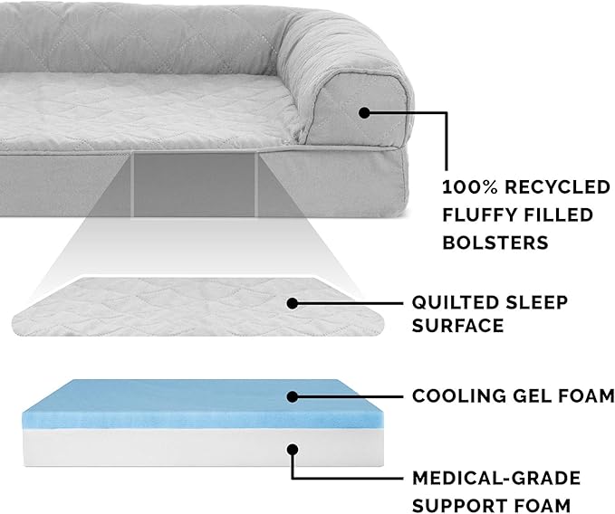 Furhaven Cooling Gel Dog Bed for Large Dogs w/ Removable Bolsters & Washable Cover, For Dogs Up to 125 lbs - Quilted Sofa - Silver Gray, Jumbo Plus/XXL-Mewly Pet