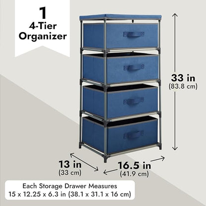 Juvale 4-Tier Tall Dresser with Drawers - 16.5 x 13 x 33 in, Navy Blue - Fabric Storage Drawers & Closet Organizer - Kids Dresser & Bedroom Storage