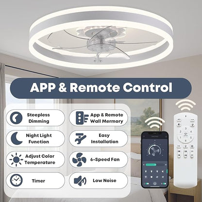 Ceiling Fan with Light, Upgraded 20‘’ Low Profile Fan, Flush Mount Ceiling Fan, 6 Speeds, Dimmable LED, App & Remote Control, Quiet DC Motor, for Bedroom, Living Room, F105 White