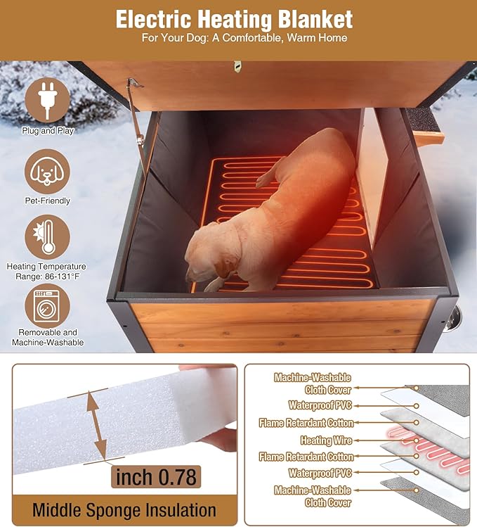 GUTINNEEN Heated Dog House Outdoor with Electric Heating Pad, Insulated Wooden Dog Kennel with 360° Rotating Feeding Bowl, Anti-Chewing Metal Frame, Natural Wood Color-Mewly Pet