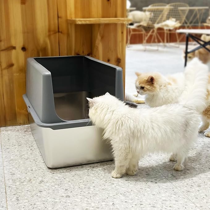 LIHONG Stainless Steel Litter Box with Lid, XL Metal Cat Box for Indoor Cats, Enclosure Cat Litter Pan for Large Cats, Non-Sticky Large Kitty Litter Box, Anti-Leakage, 23.5" X 15.5" X 16"-Mewly Pet