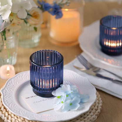 DEVI 8 Pcs Blue Votive Candle Holder for Wedding Centerpieces, Glass Ribbed Tea Light Holder for Wedding Table Decorations, Navy Blue Decor for Party Home Farmhouse Decorations