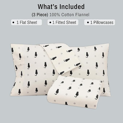 RUVANTI Flannel Sheets Twin Size - 100% Cotton Double Brushed Twin Sheets Set, Deep Pockets 16 Inches, All Seasons Breathable & Extra Soft Bed Sheets, Warm & Cozy, 3 Piece, Black Cat