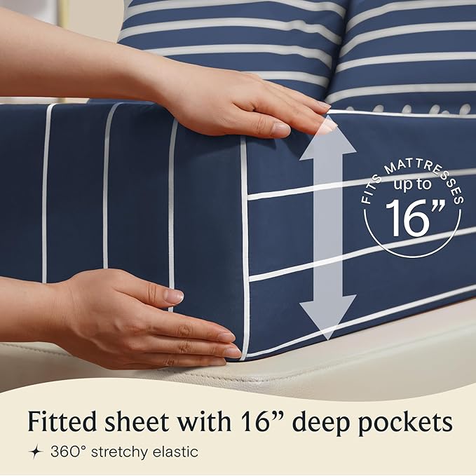 LuxClub 4 PC King Size Sheet Set Bed Sheets, Breathable Luxury Deep Pockets Wrinkle Free Cooling Sheets Machine Washable Hotel Bedding (King, Striped Navy)