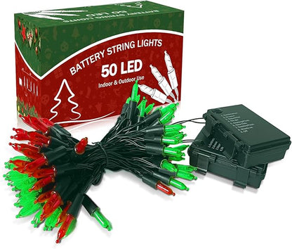 KOUQIYA Battery Operated Christmas Lights 2 Pack, 17ft 50 LED Mini String Light with Auto-Timer 8 Modes Waterproof Tree Lights (Red&Green)
